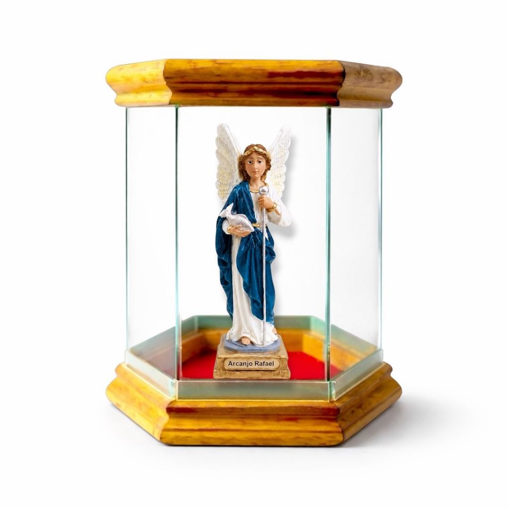 Arcanjo Rafael Resina 15cm com Redoma De Vidro Oratorio Capela Decoração