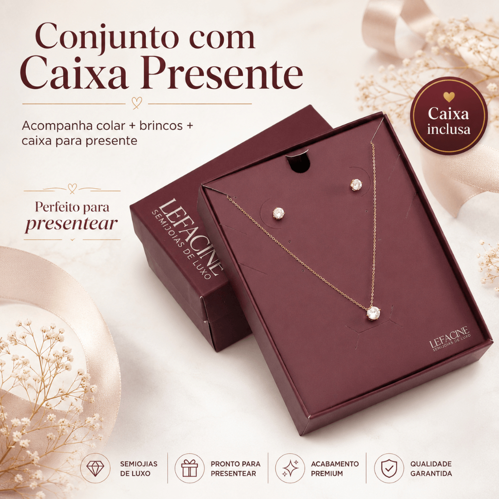 Semijoia Luxo Conjunto Ponto Luz Colar Brincos Banho de Ouro 18K  Presente Feminino