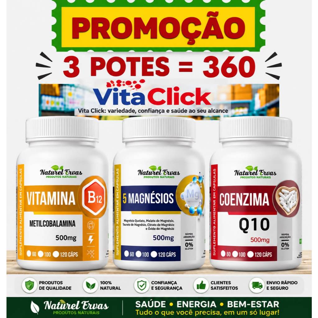 KIT 3 POTES = 01 Pote de Vitamina B12 Metilcobalamina 500mg / 01 Pote de 5 Magnésios 500mg / 01 Pote de Coenzima Q10