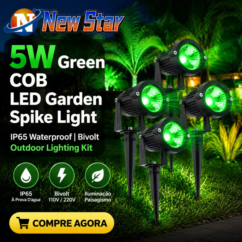 New Star Luminária Espeto Jardim Led 5w Verde Cob Ip65 Prova Dágua Bivolt Kit Iluminação Externa Paisagismo