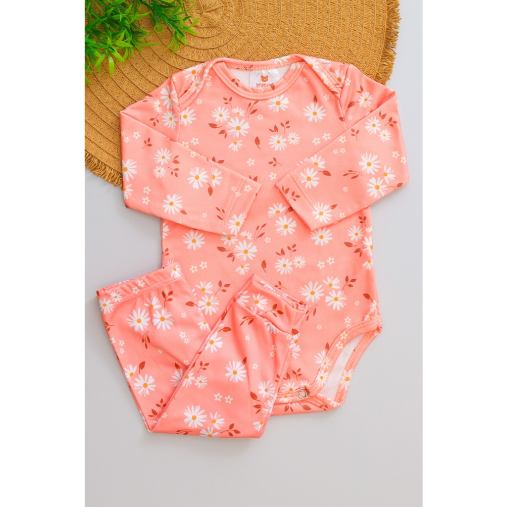 Conjunto Térmico Bebê Menina Pagão Infantil Salmão Estampado Flores Quentinho Inverno