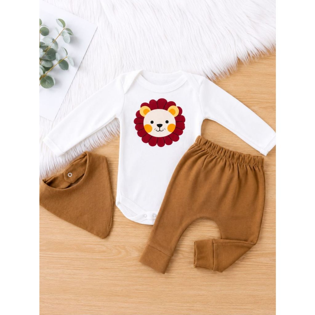 Conjunto Menino Bebê Urso e Leão Body Manga Longa Algodão Calça Babador Meia Estação Moda Infantil