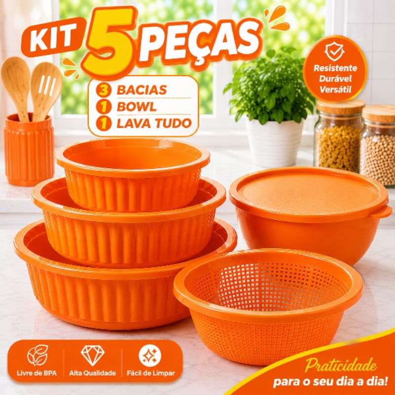 Kit 5 Peças Cozinha Bowl 6 Litros + 3 Bacias Plásticas P M G + Lava Tudo Escorredor Multiuso Resistente BPA Free cozinha