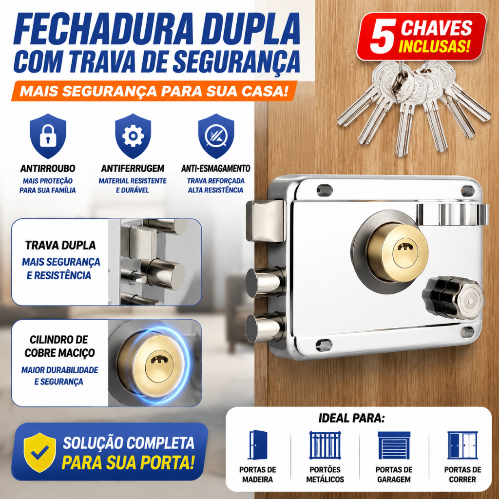 Fechadura Sobrepor cor cromada para Portão e Porta Com TRAVA DUPLA e 05 CÓPIA DE CHAVES
