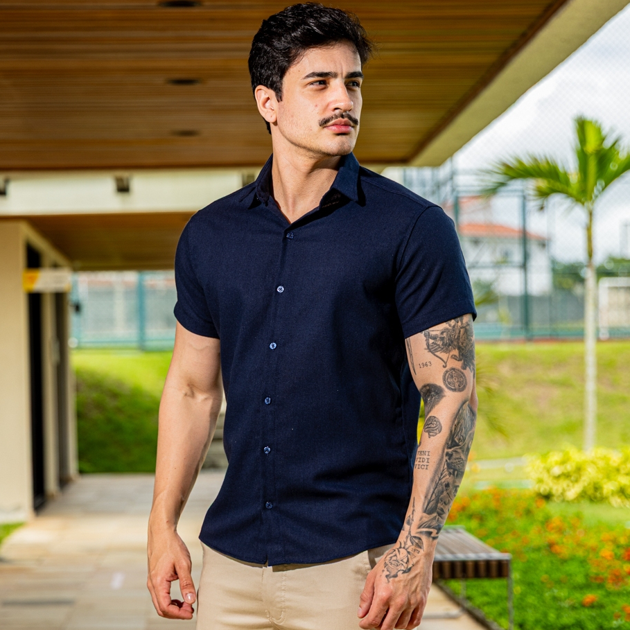 Camisa Social Masculina Linho Manga Curta Slim Fit Elegante Confortável Respirável Moda