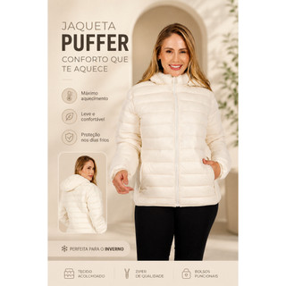 Jaqueta  Feminina Puffer Nylon Gola Alta Forrada com Capuz.