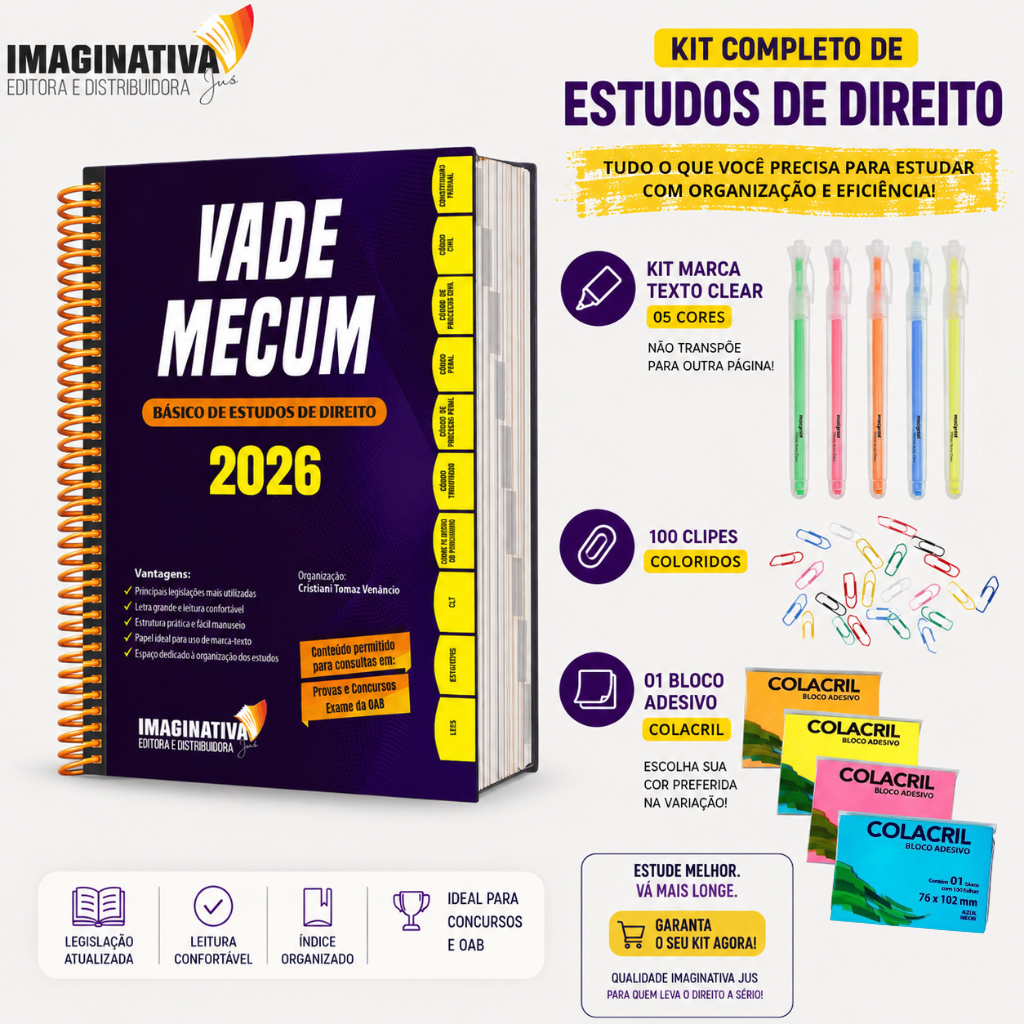 Vade Mecum 2026 com letras grandes | Básico de Estudos de Direito + bloco adesivo + marca texto + clipes coloridos