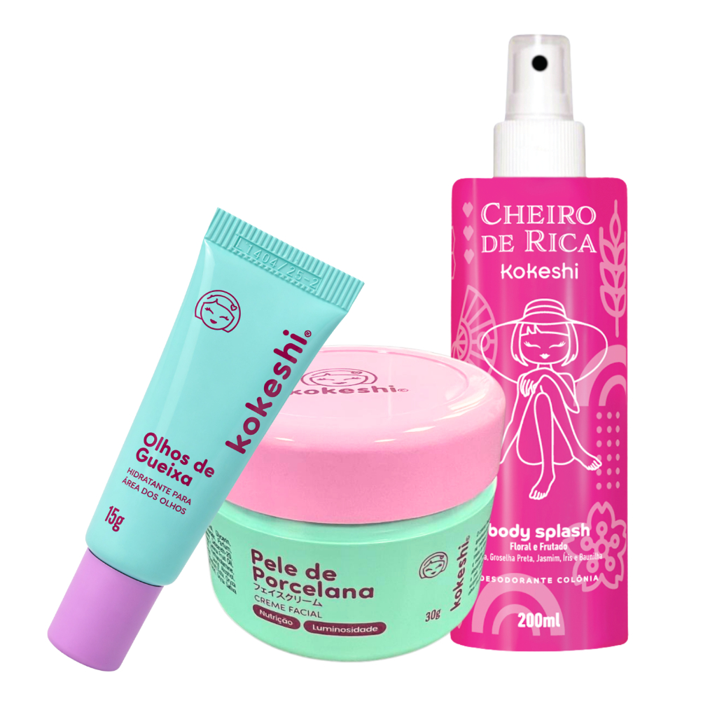 Kit Frescor e Hidratação Facial Kokeshi Pele de Porcelana Olhos de Gueixa e Body Splash Nº1
