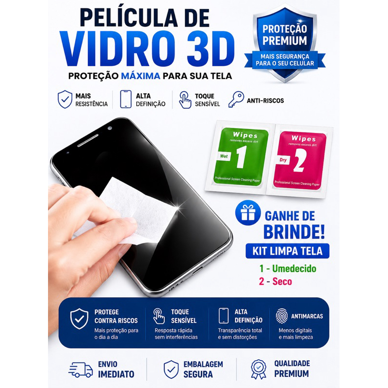 Película de Vidro 3D Para Samsung Linha A A05 A06 A07 A15 A16 A17 A22 A12 A14 A55 A56 A35 Temperado