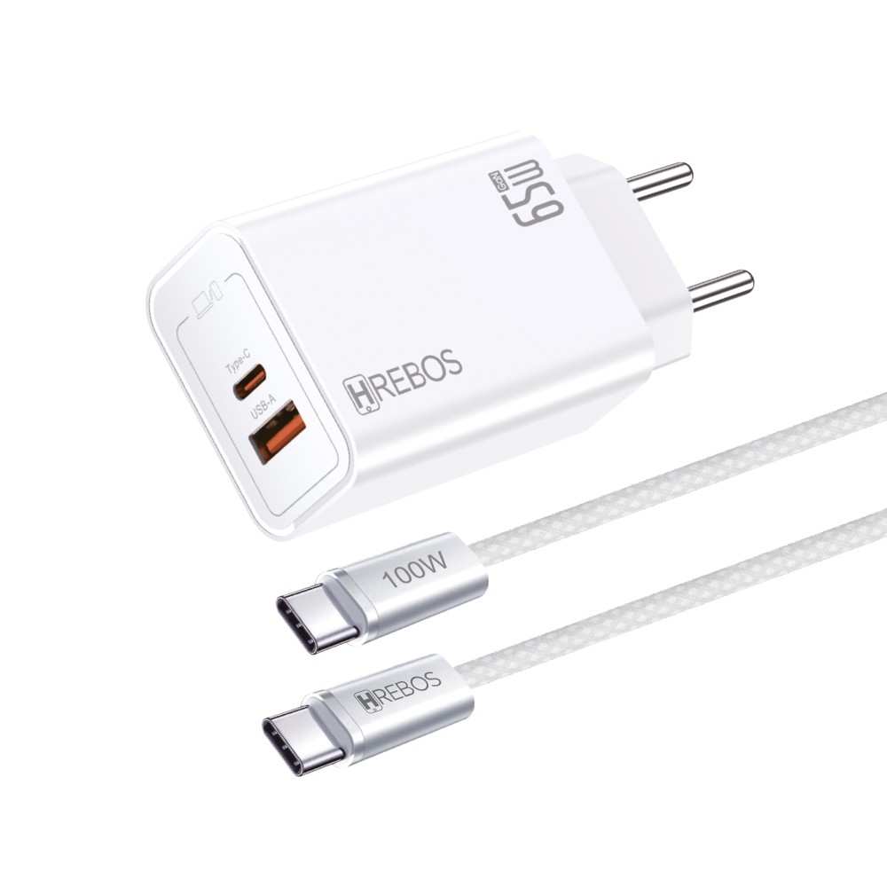 Carregador Turbo 65w Gan Hrebos Notebook Macbook iPhone 15 16 + Cabo Usb-c 100w Original Anatel Maxion Charge