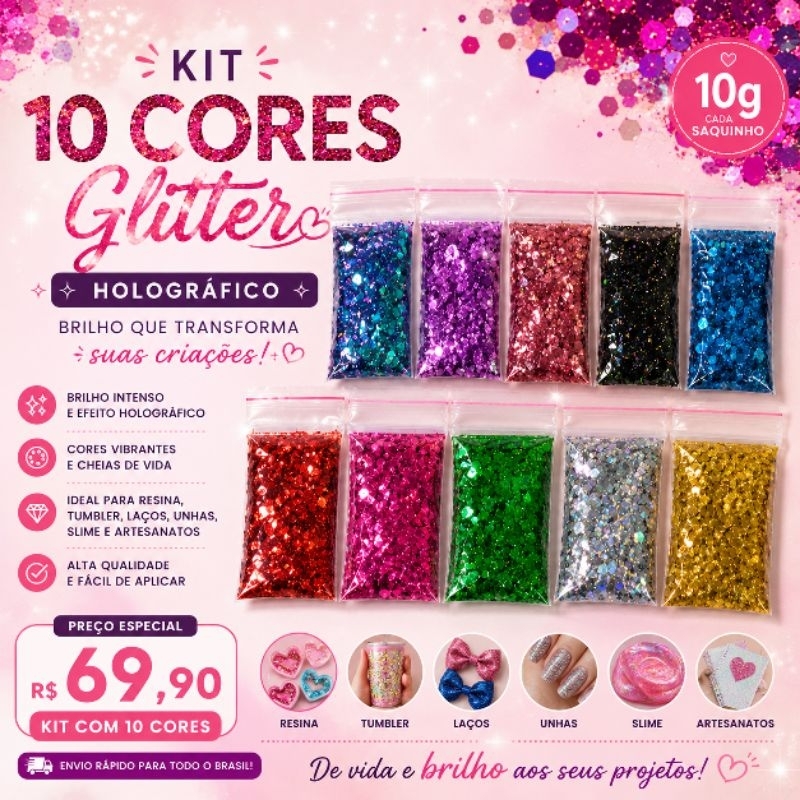 kit com 10 gr Glitter Holográfico Brilho Mágico Contém( 10 gr)– Artesanato, Unhas e Maquiagem