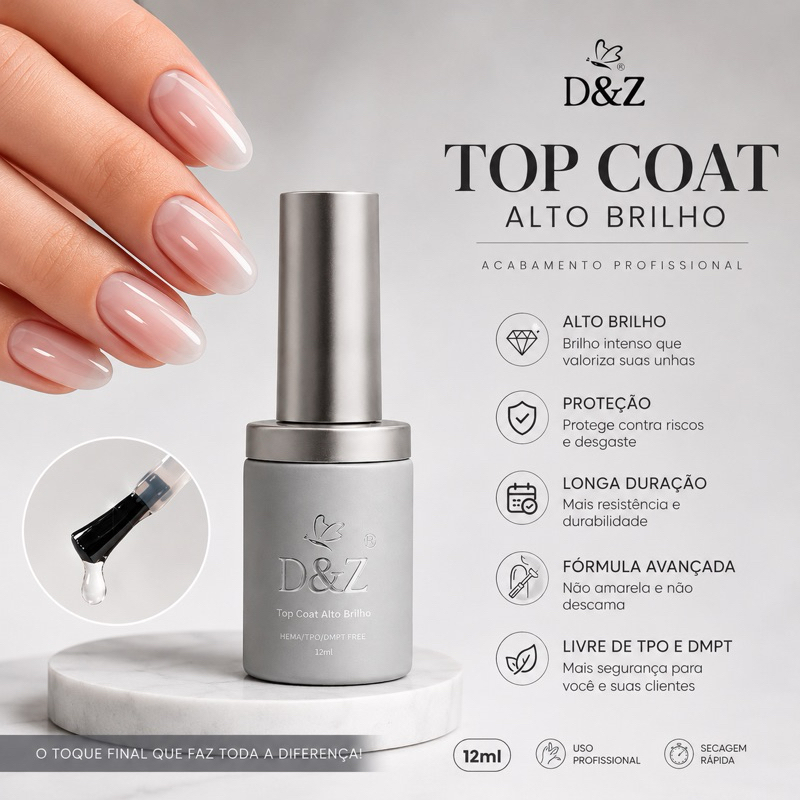 Kit Top Coat D&Z Alto Brilho 12ml Para Esmalte em Gel UV LED Profissional Hema Free TPO Free DMPT Free