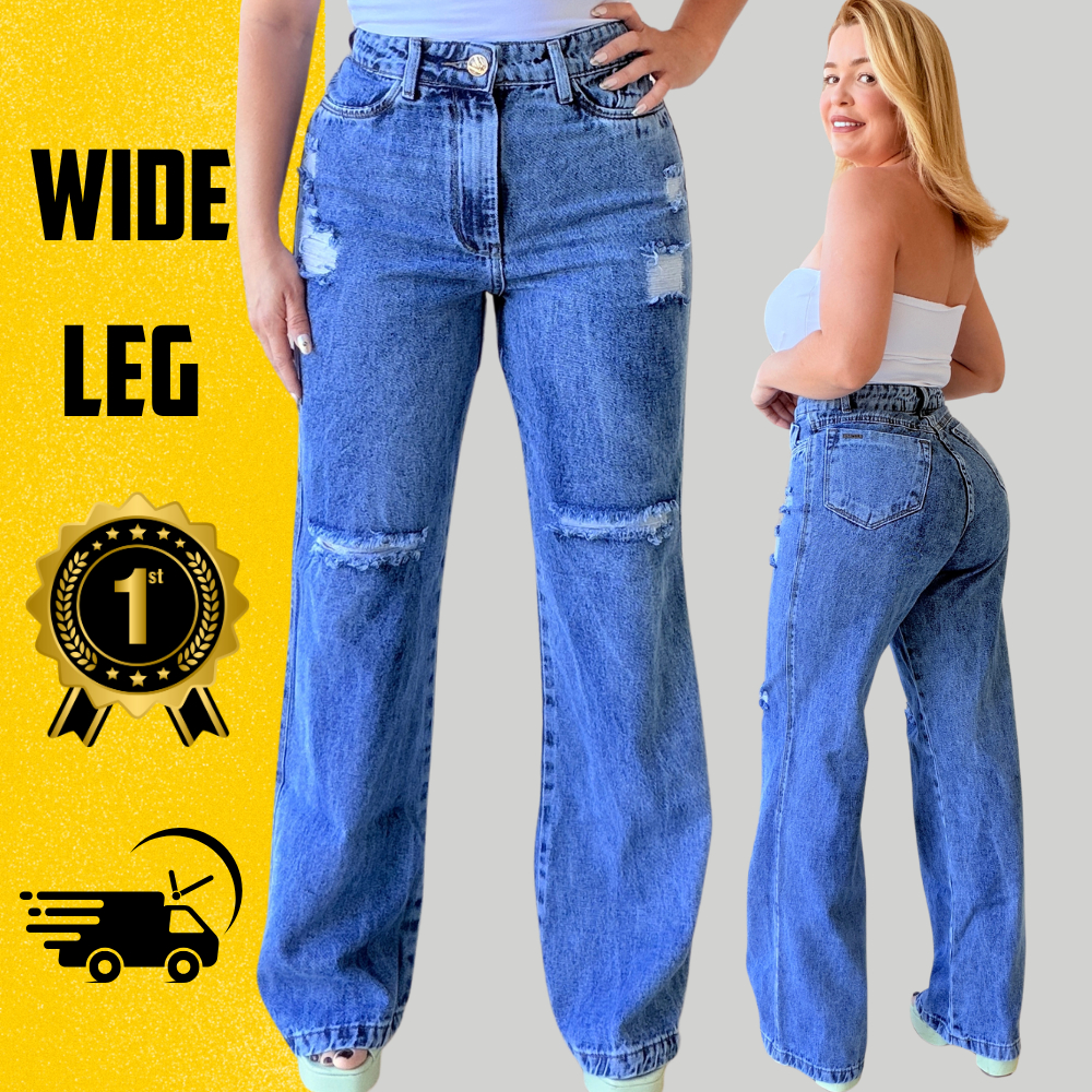 Calça Wide Leg Jeans Pantalona 100% Feminina Novidade Blogueira