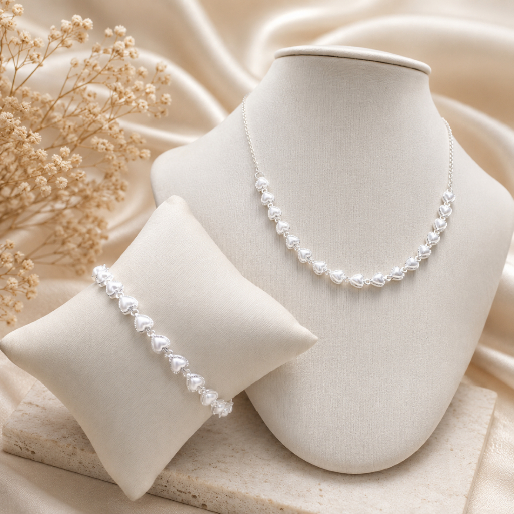 Kit Colar+Pulseira de pérolas de coração delicado choker banhado a Prata 925