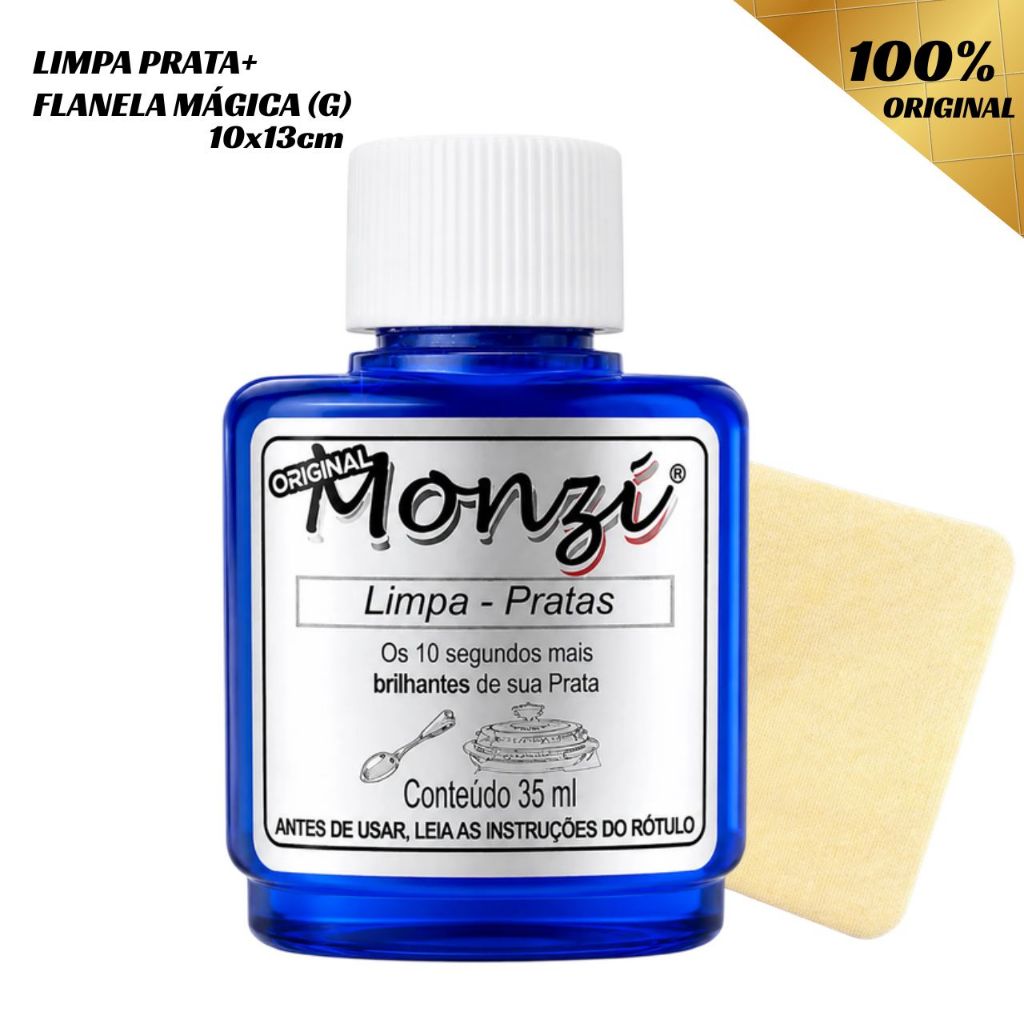 Limpa Prata Monzi Original Frasco 35ml Kit Flanela Mágica Grande Polidora Tira Mancha Oxidação
