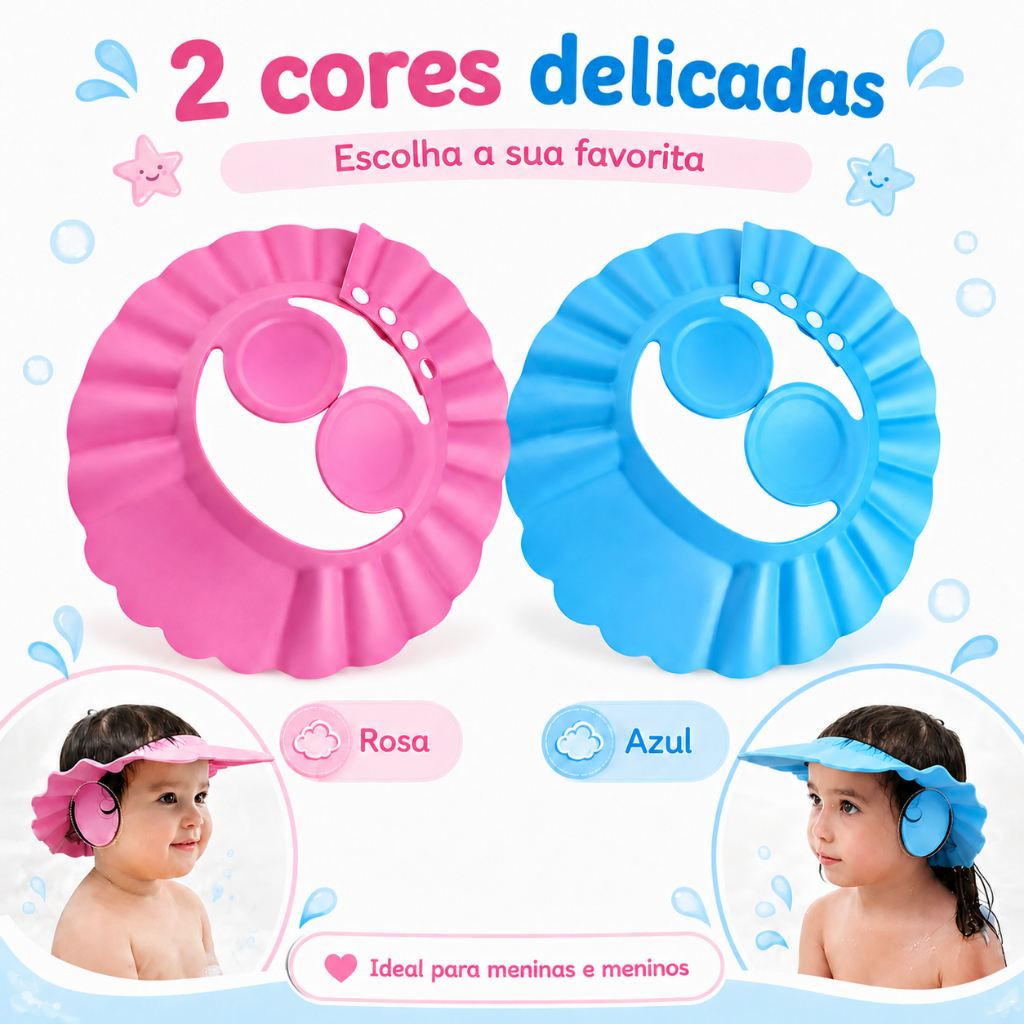 Chapéu Protetor de Banho com Viseira Protege Olhos e Ouvidos Ajustável para Bebês e Crianças