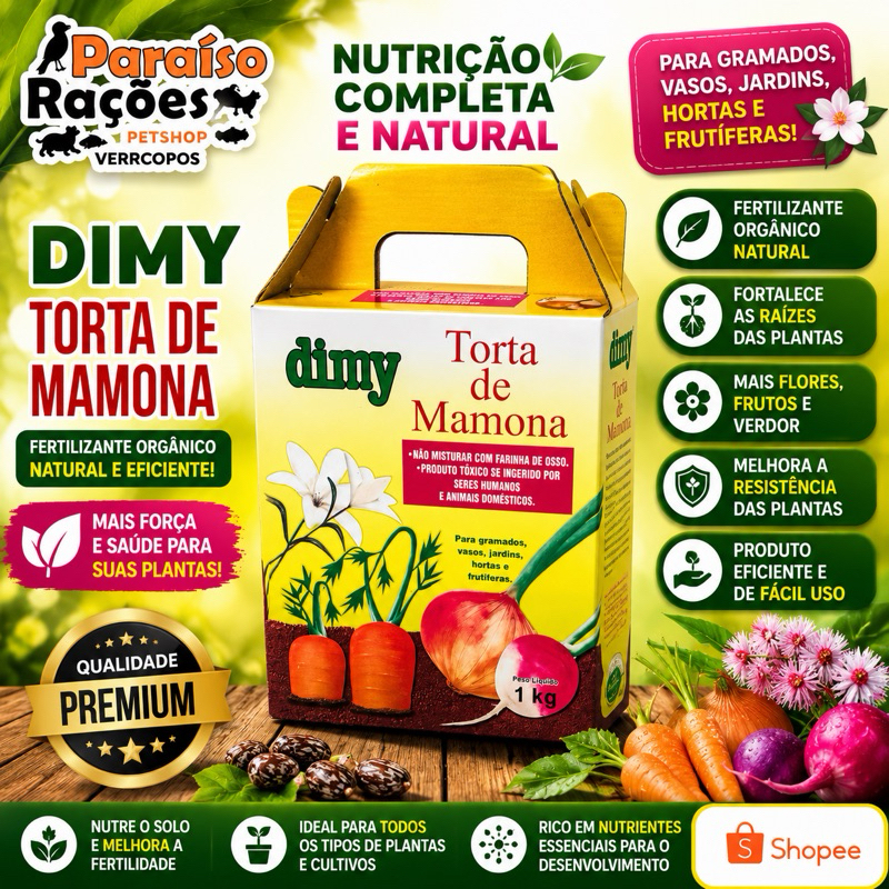 Torta de Mamona Dimy 1kg – Fertilizante Orgânico Natural para Hortas, Jardins, Vasos, Flores e Frutíferas 🌳