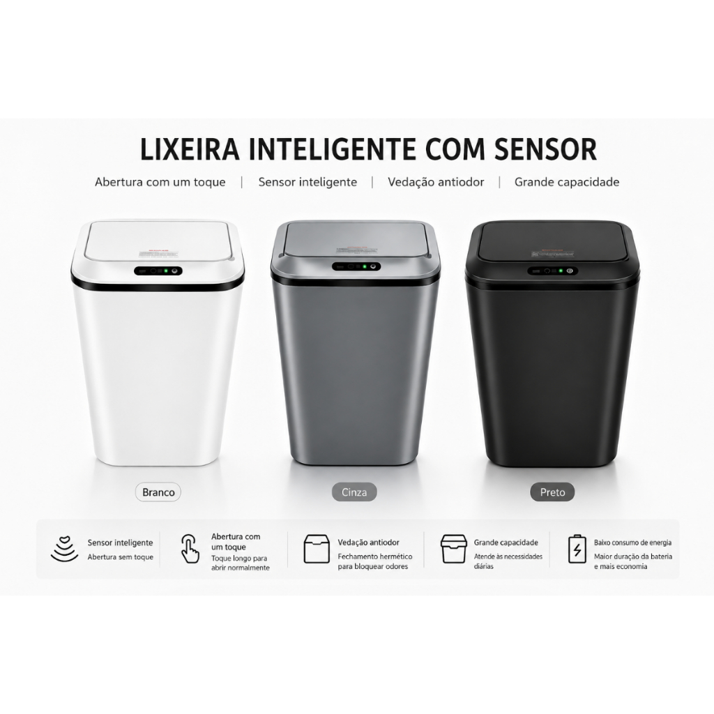 Lixeira Sensor Automática Inteligente de Banheiro Cozinha Escritório Capacidade 16 Litros