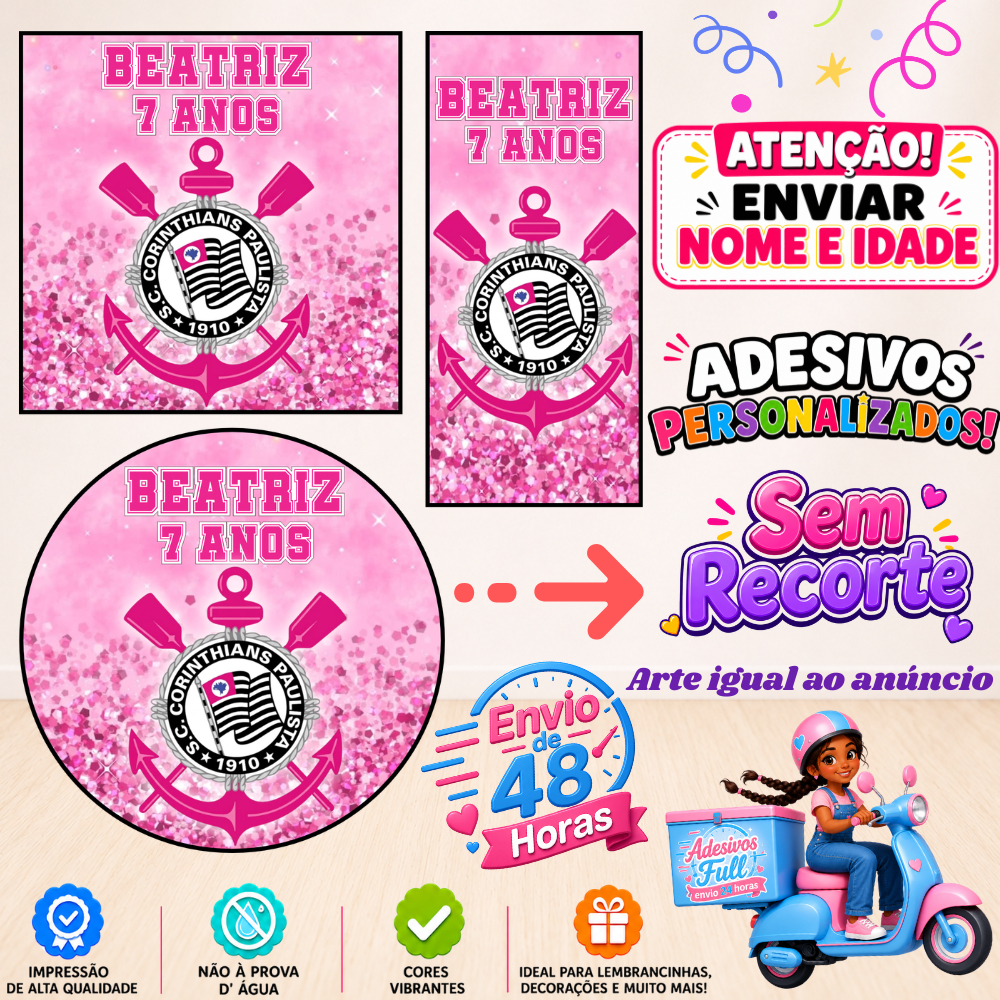 Corinthians Rosa - 100/60/40 Adesivos Personalizados Lembrancinhas Festa Aniversário