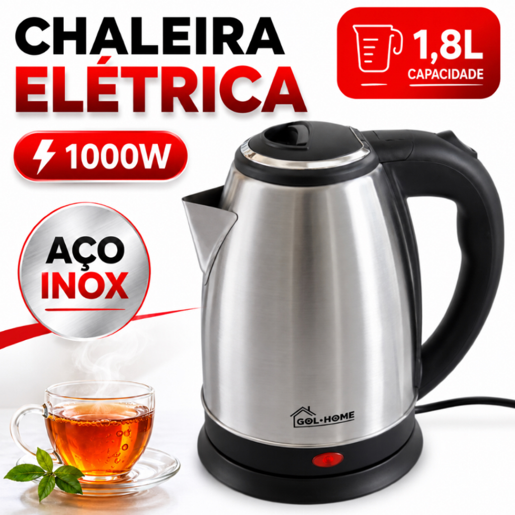 Chaleira Elétrica Inox 1,8L Ferve Água Chá Rápido Desligamento Automático 127V Gol Home Promoção