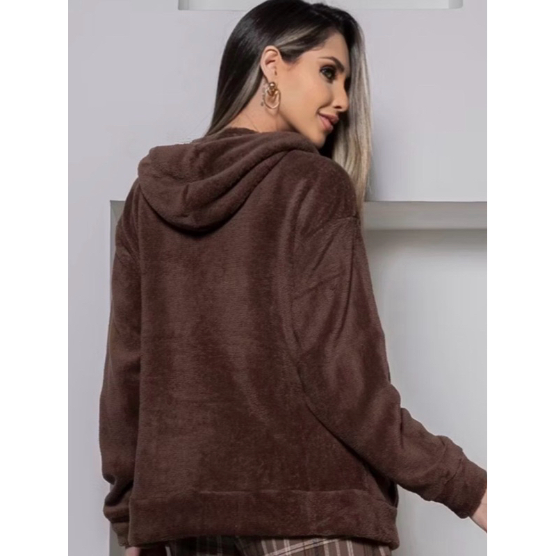 JAQUETA FEMININA DE FRIO COM CAPUZ E ZÍPER CASACO PELINHOS BLUSÃO INVERNO BLUSA