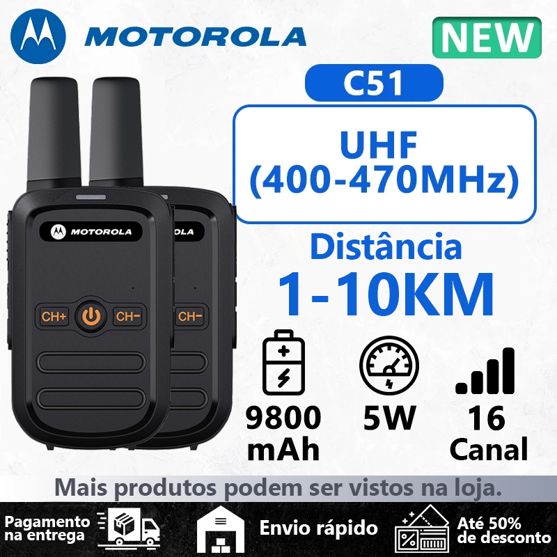 2 Unidades Radio Comunicador Motorola C51 Mini Walkie Talkie 5W 10KM UHF 400-470MHz 9800mAh capacidade IP54