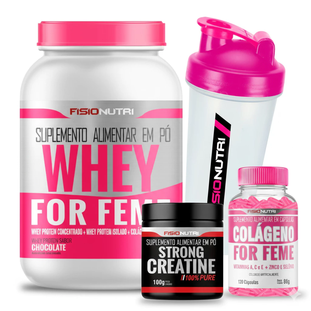 Kit Whey Gourmet Feminino + Colágeno 120 Cápsulas + Creatina 100% Pura 100g + Coqueteleira Fisionutri — imagem 1