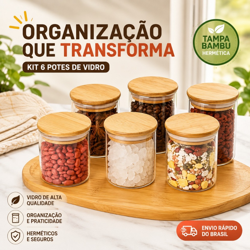 Kit Potes De Vidro Hermético 195ml Tampa Bambu Tempero Mantimentos Alimentos Premium
