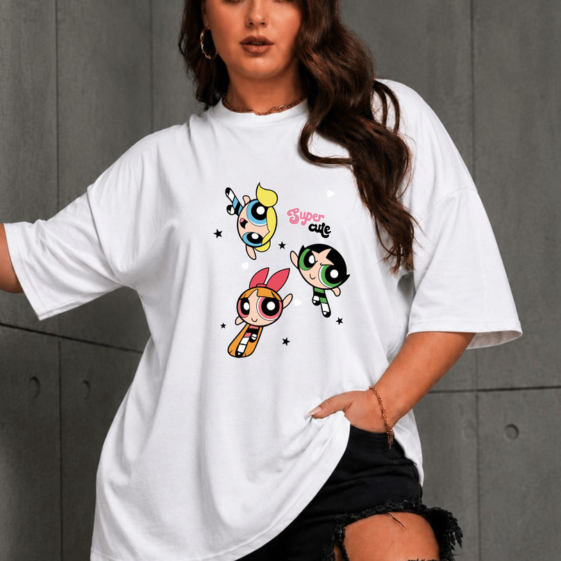 Camiseta Tshirt Feminina Estilosa Estampa Trio Meninas Poderosas Camiseta  Algodão Camisetão Oversized Plus Size