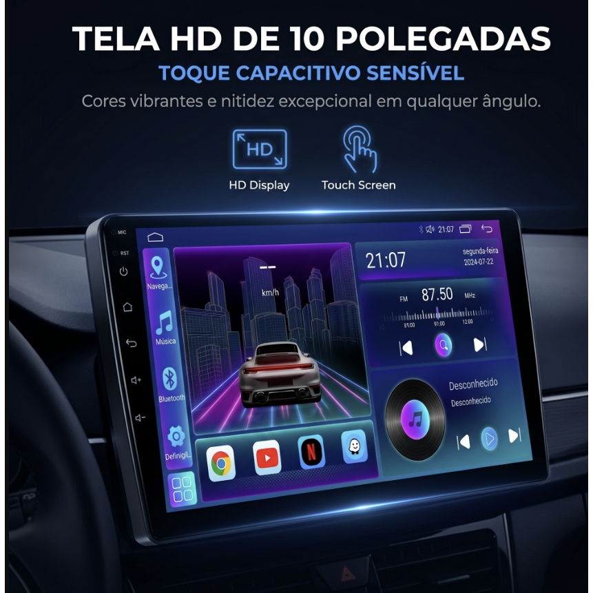 Central Multimídia Android 10" | Quad-Core | 2GB RAM + 32GB ROM | Wireless CarPlay | Wireless Android Auto | Wi-Fi | GPS