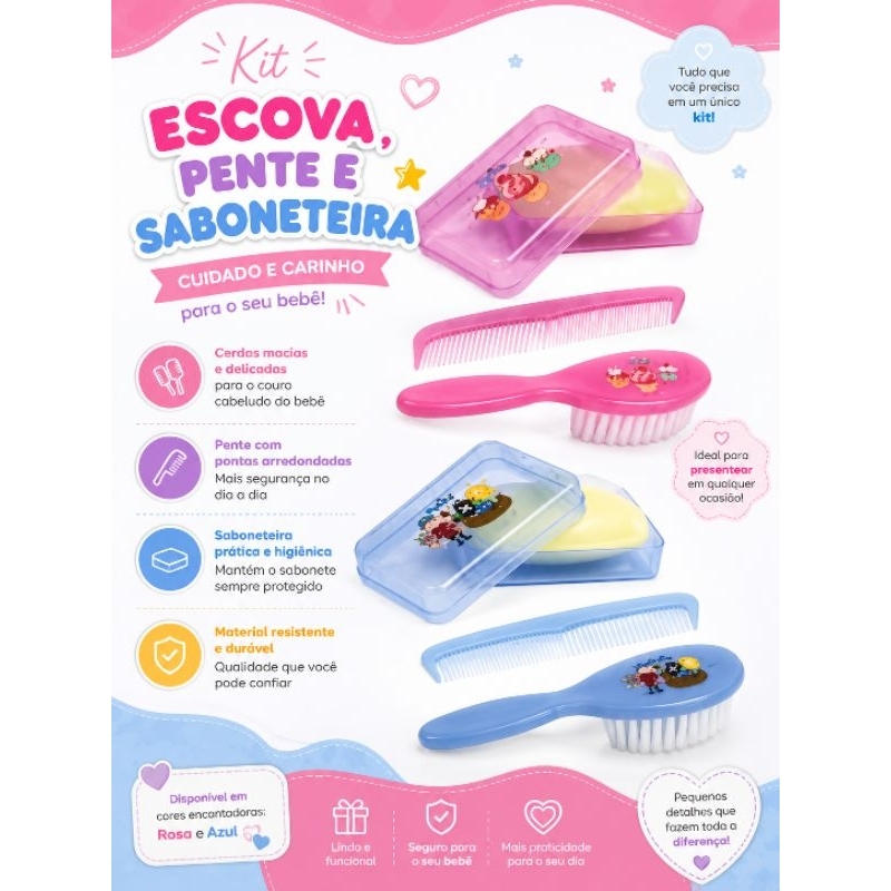 Kit Escova, Pente e Saboneteira Bebê Pepita Rosa e Azul com Estampas.