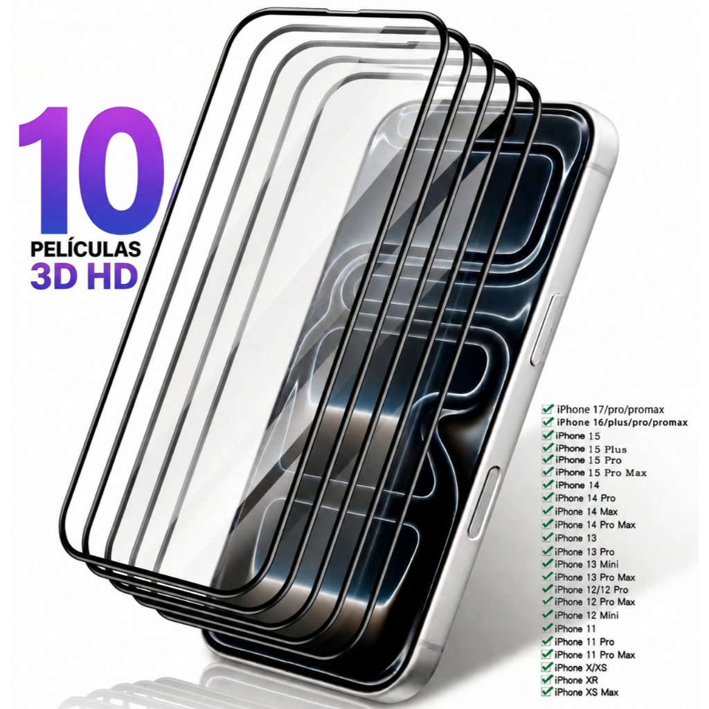 Kit 10 Películas de Vidro Temperado 3D HD 9H Full Cover para iPhone 11 12 13 14 15 16 17 Pro Max