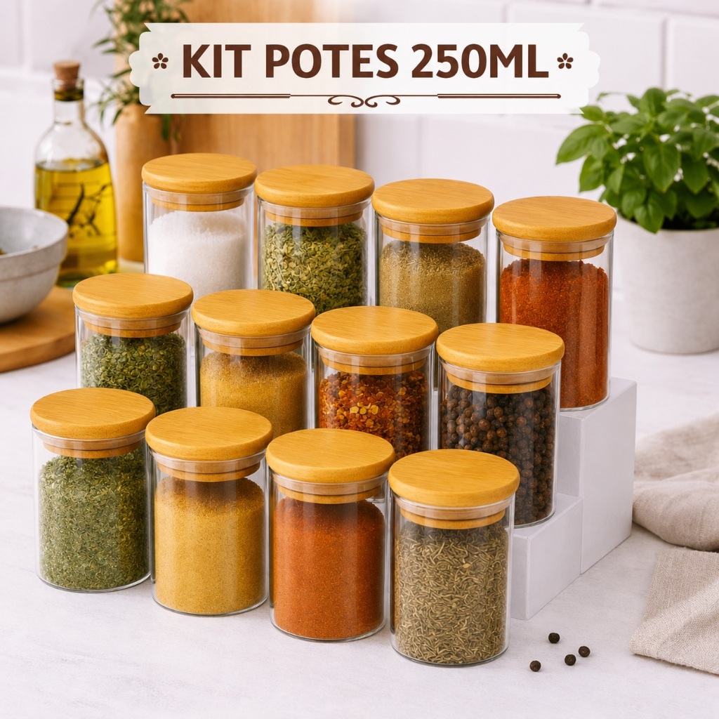 Kit Ate 10 Pote de Vidro com Tampa Bambu 250 ML Potes Herméticos Porta Mantimento Hermético à Prova Odores