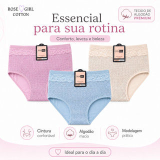 Calcinha Feminina Cintura Alta Algodão  com Renda e Poá – G/GG/EG