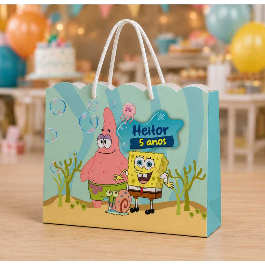 Sacola Ondulada Bob Esponja Personalizada Nome e Idade (20x15x5) Lembrancinha Aniversario PEGUE E MONTE Kit Festas