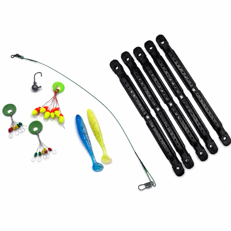 Kit Pesca Completo com Iscas Soft, Boias, Anzol Jig Head, Chicote de Aço e Enroladores de Linha