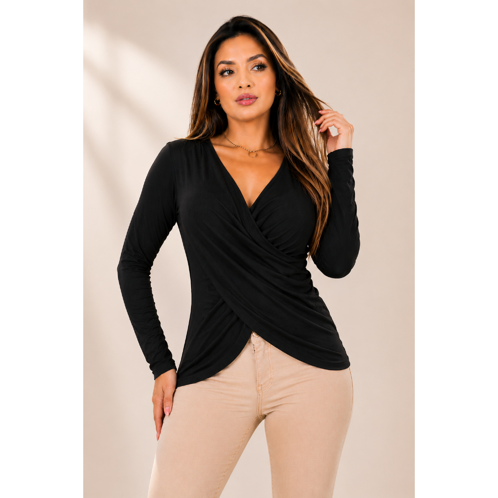 Blusa Transpassada Feminina Manga Longa Decote V Cruzada  Moda Blogueira Tendência Confortável