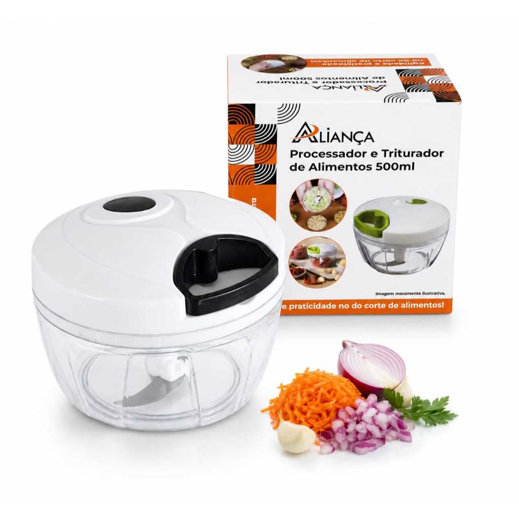 Mini Processador Triturador Manual De Alimentos 500ml Com 3 Laminas Inox Para Alho Cebola Legumes