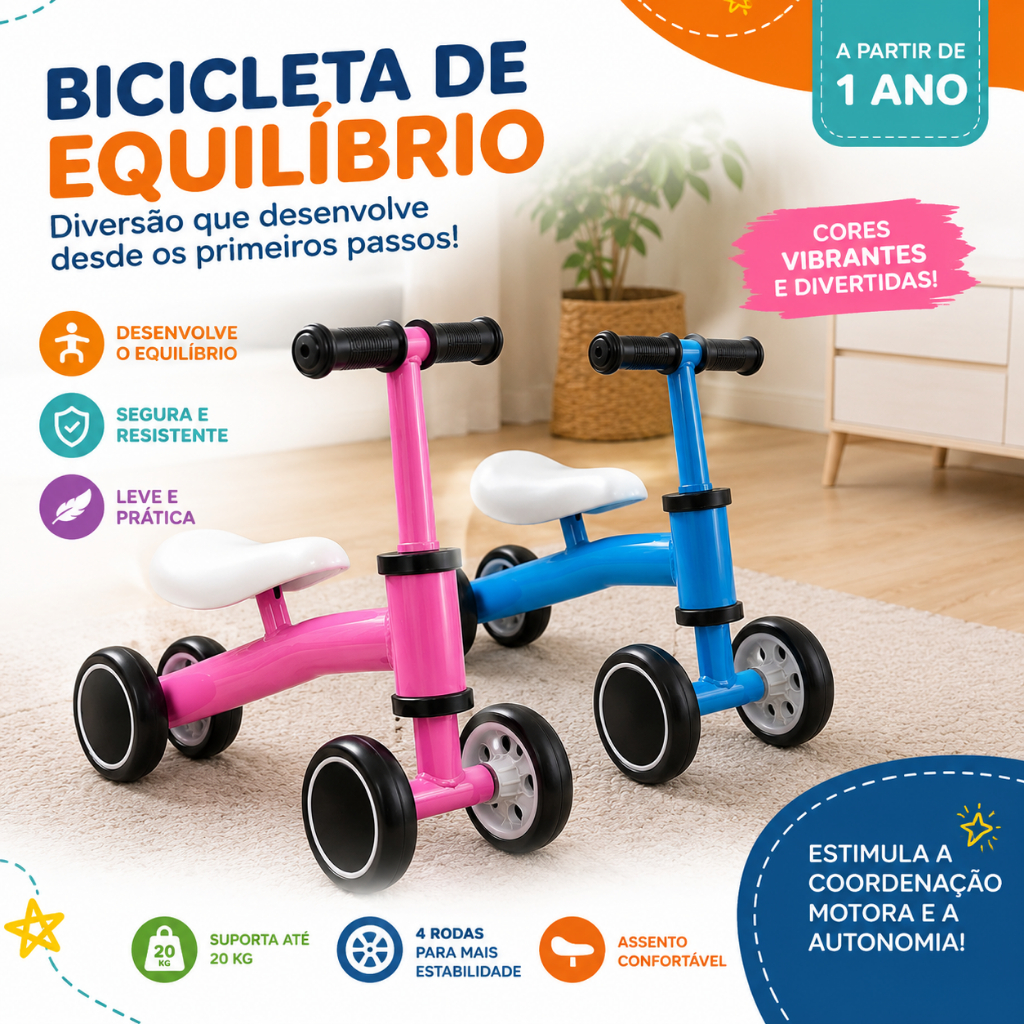 Bicicleta de equilíbrio infantil de 4 rodas Azul e rosa Seguro Aprendizado Diversão Criança