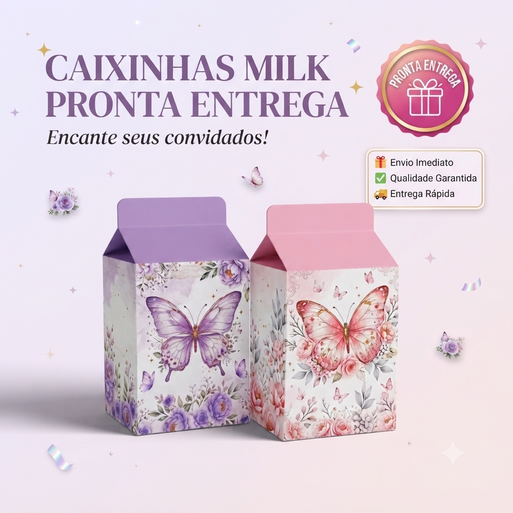 (PRONTA ENTREGA)Caixinha Milk Personalizada BORBOLETA-JARDIM DAS BORBOLETAS-ROSA E LILÁS-Pegue e Monte-Lembrancinhas