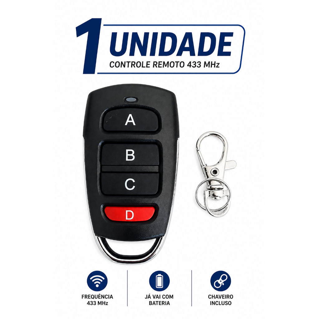 Controle Remoto Universal Portão Eletronico 433 MHz Premium Com 4 Botões