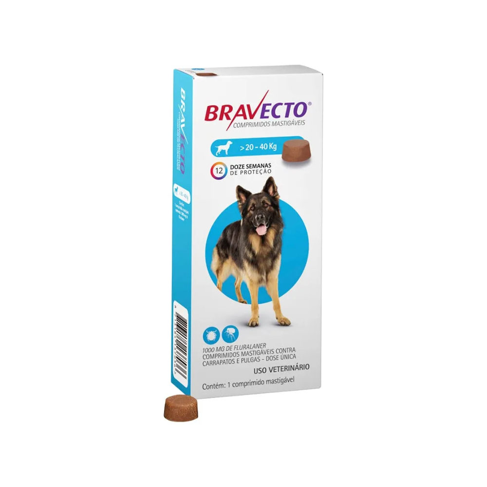 Bravecto 20 a 40kg Antipulgas e Carrapatos Proteção 12 Semanas Cães 1 Comprimido