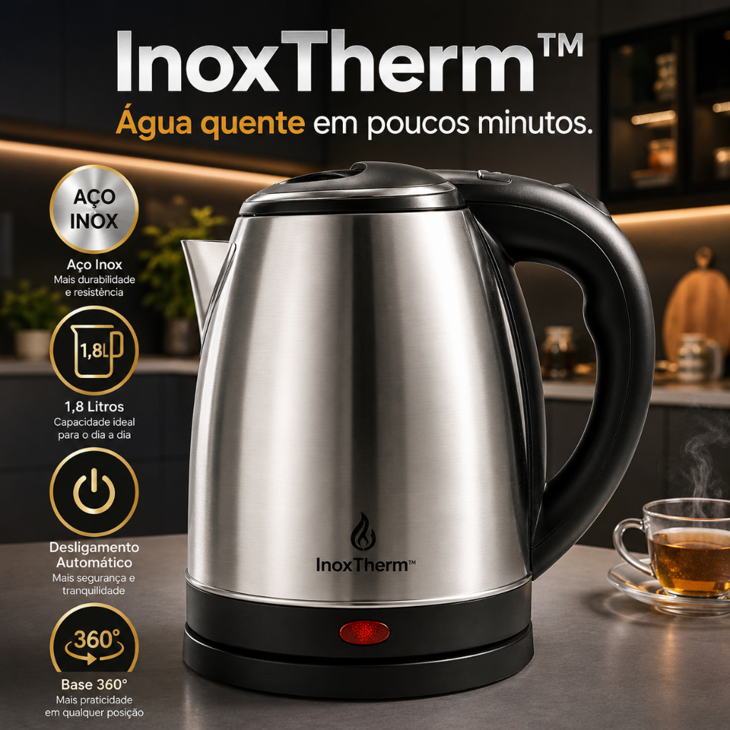 Chaleira Elétrica Inox 1,8L 127V 1000W Desligamento Automático Base 360° Aquecimento Rápido InoxTherm