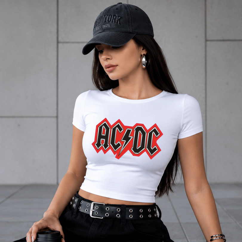 Blusinha Camiseta Baby Look Baby Tee Coladinha Feminina Suplex Estilosa Confortável Dia a Dia Estampada ACDC