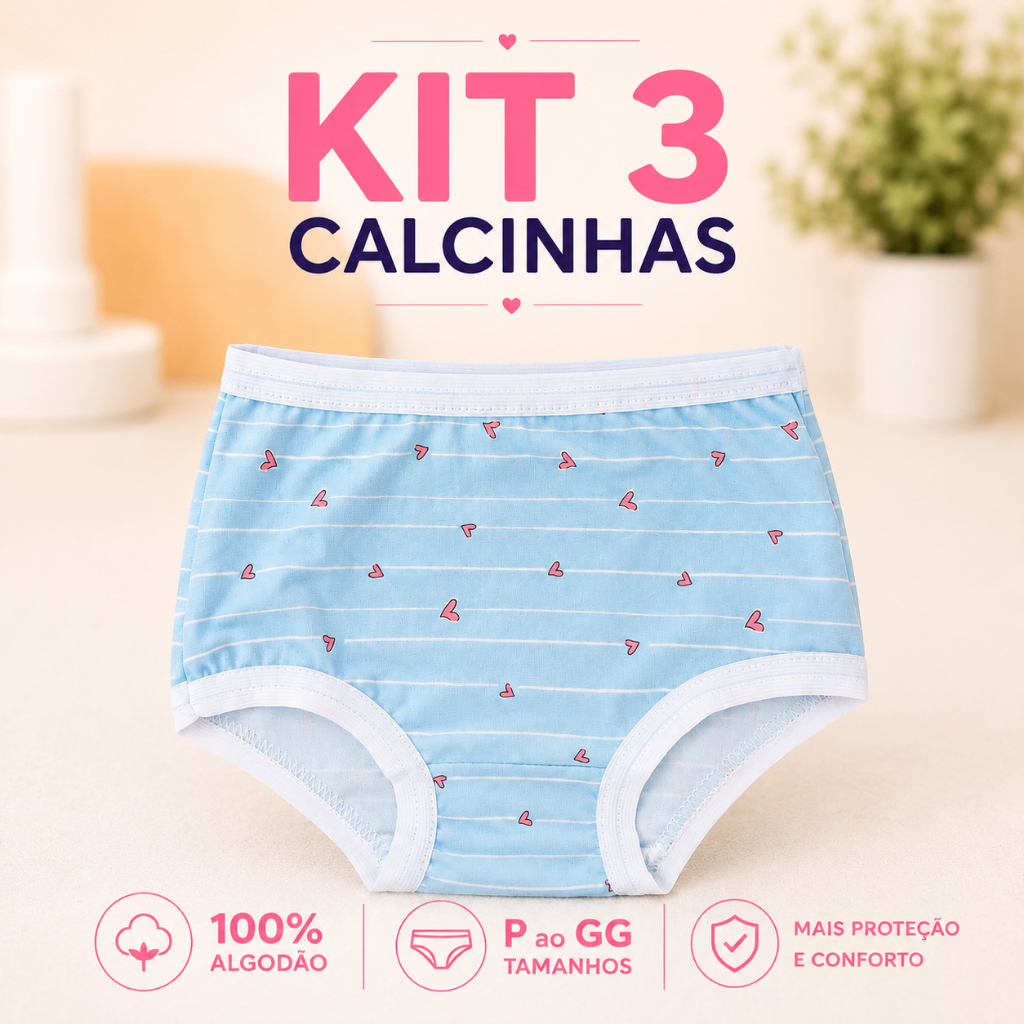 Kit 3 Calcinhas Infantil Menina Algodão Confortável | Modelagem Larguinha | Forro 100% Algodão