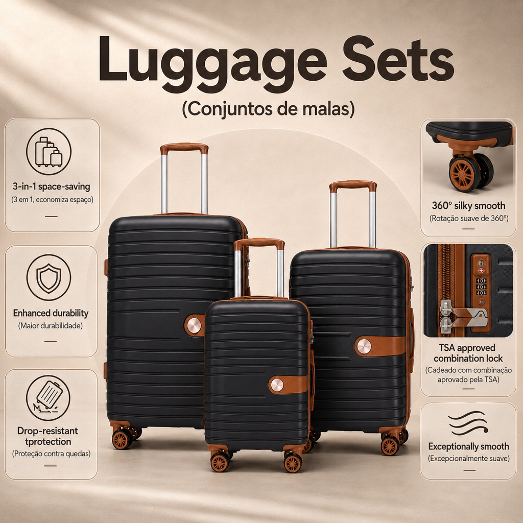 Kit 3 Malas de Viagem P M G Bordo Primicia ANAC com Cadeado TSA Rodinhas 360° ABS Resistente Rígida