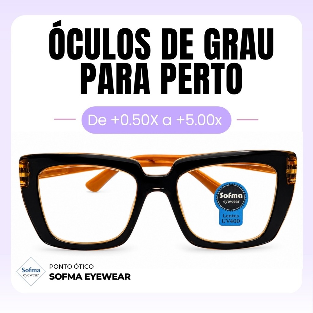 Óculos Quadrado Marília Mel Grau +0,50 a +5,00 Feminino Leitura Hipermetropia