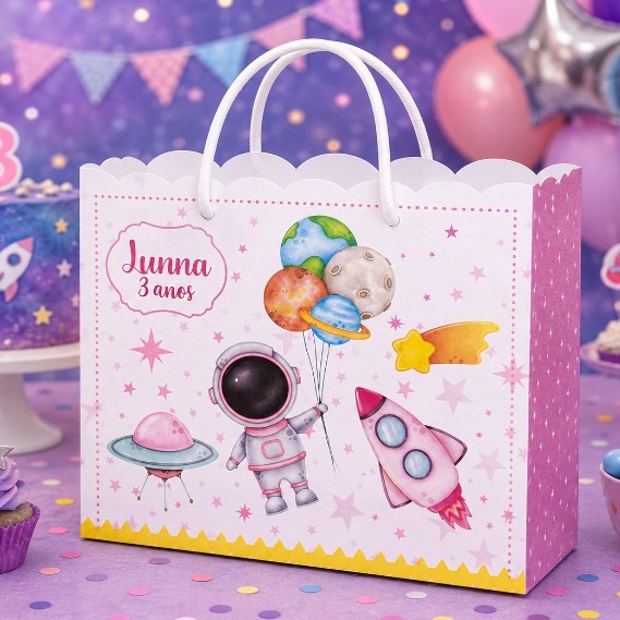 Kit Festa Sacolinhas feita de Papel Personalizadas - Lembrancinhas (PEGUE E MONTE) ASTRONAUTA MENINA
