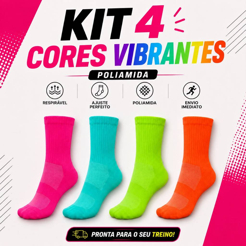 Kit 4 Pares Meia Cano Longo Neon Poliamida Academia Corrida Fitness Feminina Confortável Premium