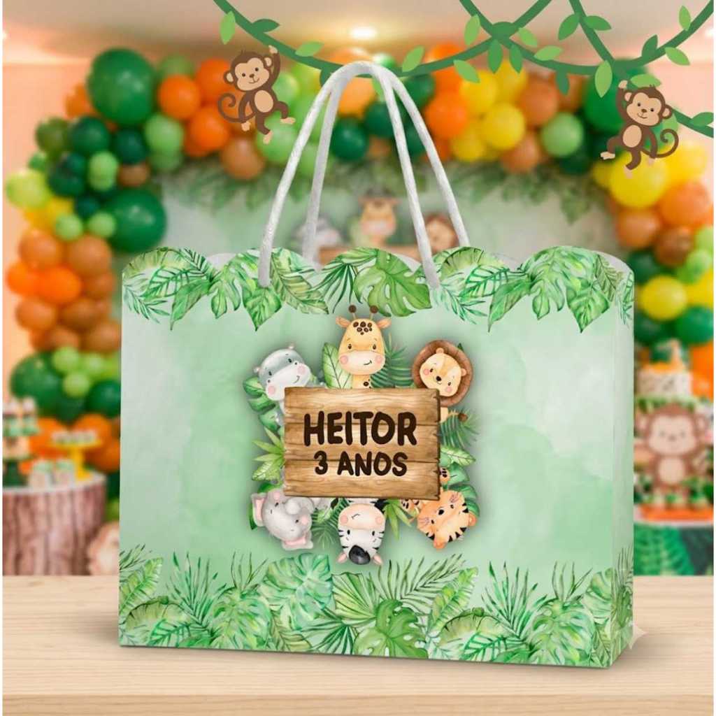Sacolinha Personalizada Safari - Bolsinha de Papel Ondulada - 20x15x5 - Kit Festa Lembrancinha Aniversario Festa Infanti